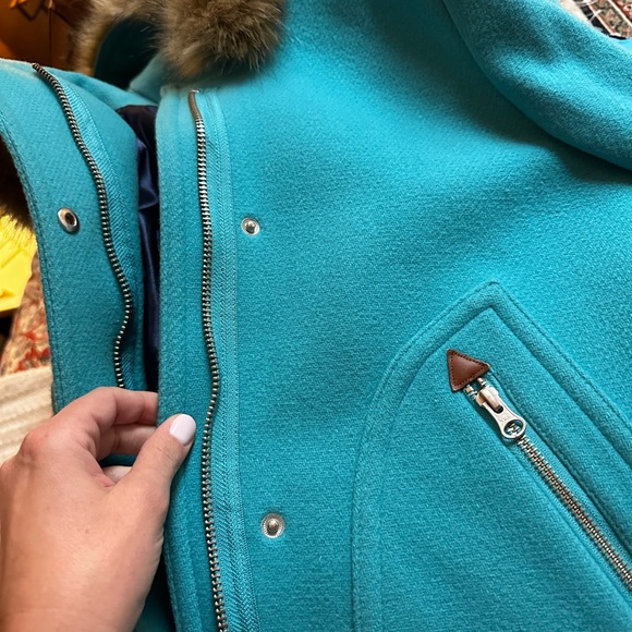 Jcrew Women's turquoise Blue Hooded Coat with Faux Fur Trim - Picture 3 of 8